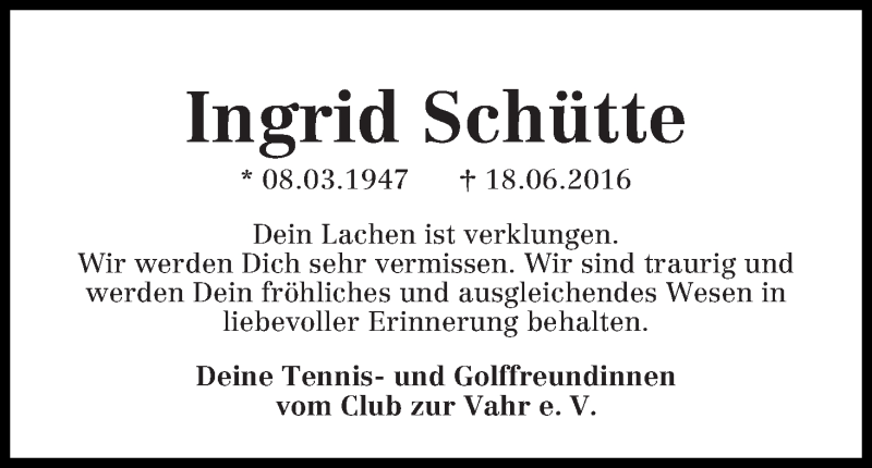 Traueranzeige von Ingrid Schütte von WESER-KURIER