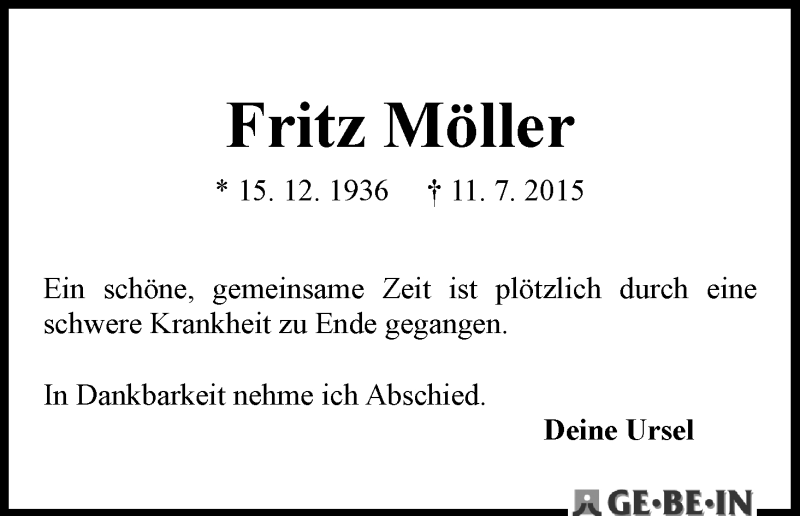 Traueranzeige von Fritz Möller von WESER-KURIER