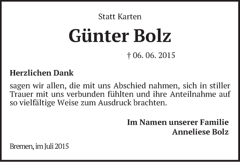 Traueranzeige von Günter Bolz von WESER-KURIER