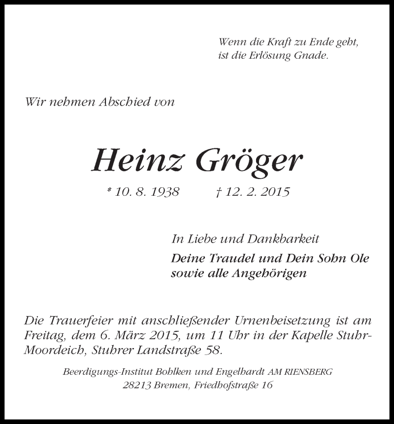Traueranzeige von Heinz Gröger von WESER-KURIER