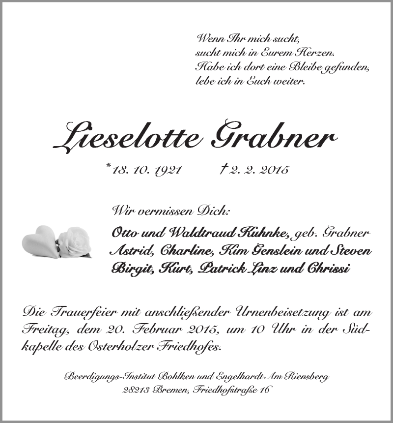 Traueranzeige von Lieselotte Grabner von WESER-KURIER