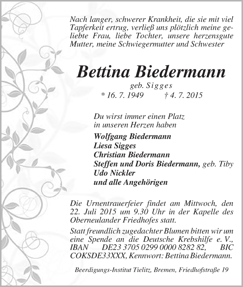 Traueranzeige von Bettina Biedermann von WESER-KURIER