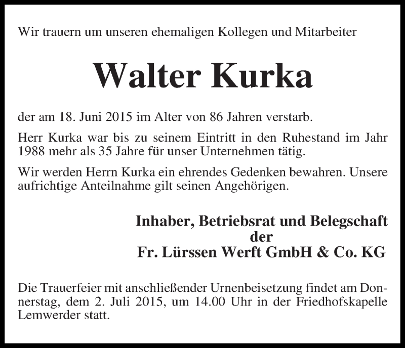 Traueranzeige von Walter Kurka von Die Norddeutsche