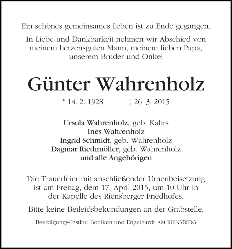 Traueranzeige von Günter Wahrenholz von WESER-KURIER