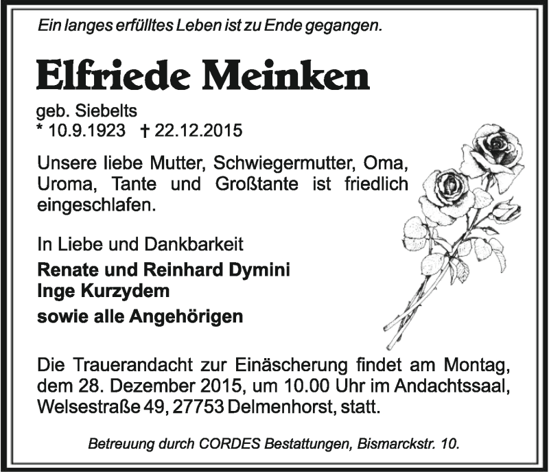 Traueranzeige von Elfriede Meinken von WESER-KURIER