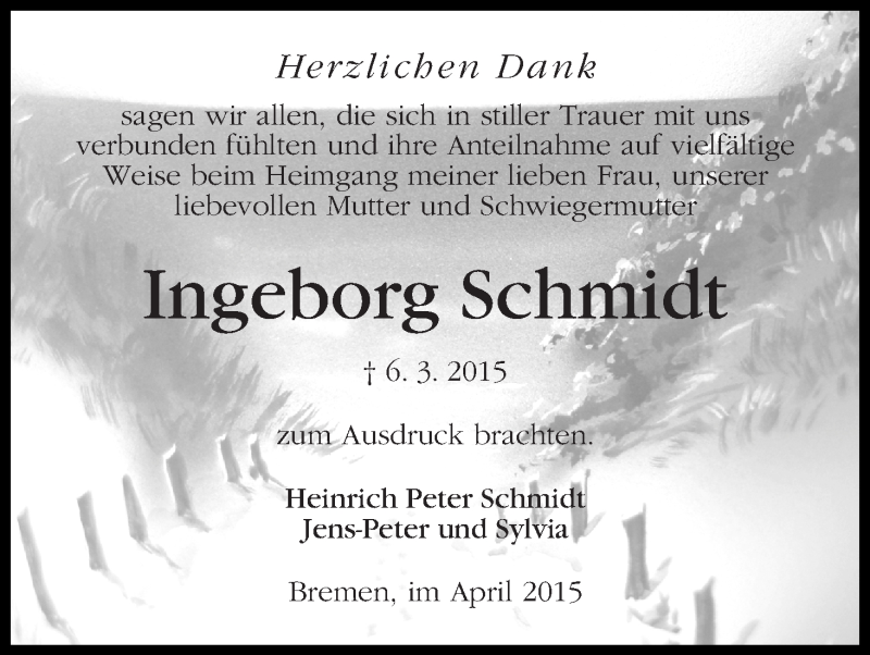 Traueranzeige von Ingeborg Schmidt von WESER-KURIER