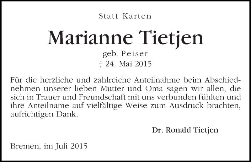 Traueranzeige von Marianne Tietjen von WESER-KURIER