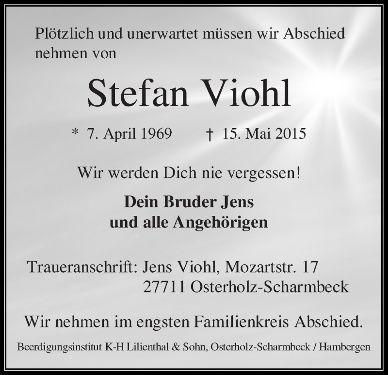 Traueranzeige von Stefan Viohl von Osterholzer Kreisblatt