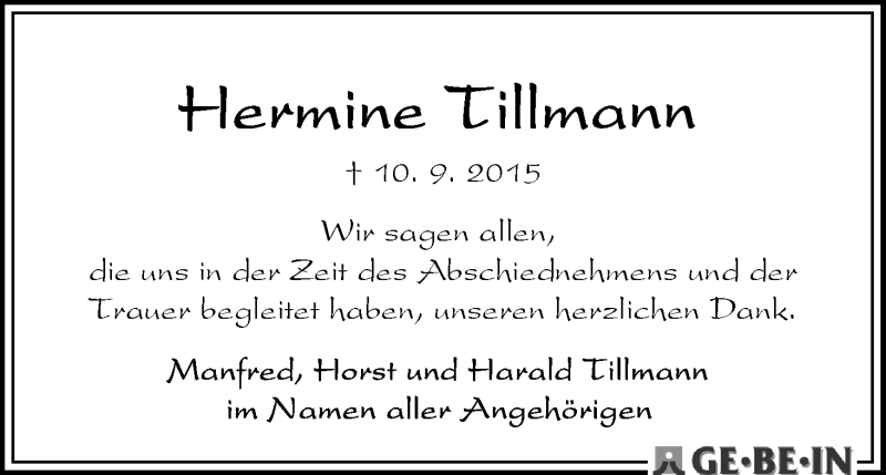 Traueranzeige von Hermine Tillmann von WESER-KURIER