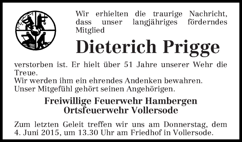 Traueranzeige von Dieterich Prigge von Osterholzer Kreisblatt