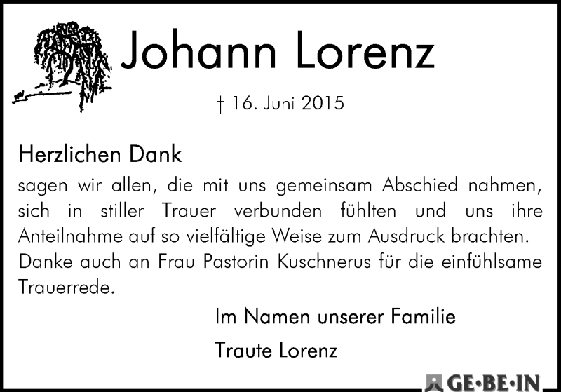 Traueranzeige von Johanna Lorenz von WESER-KURIER