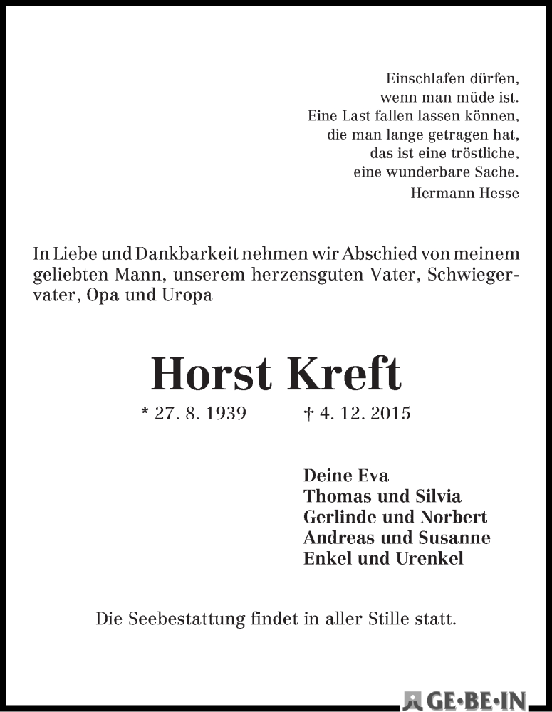 Traueranzeige von Horst Kreft von WESER-KURIER