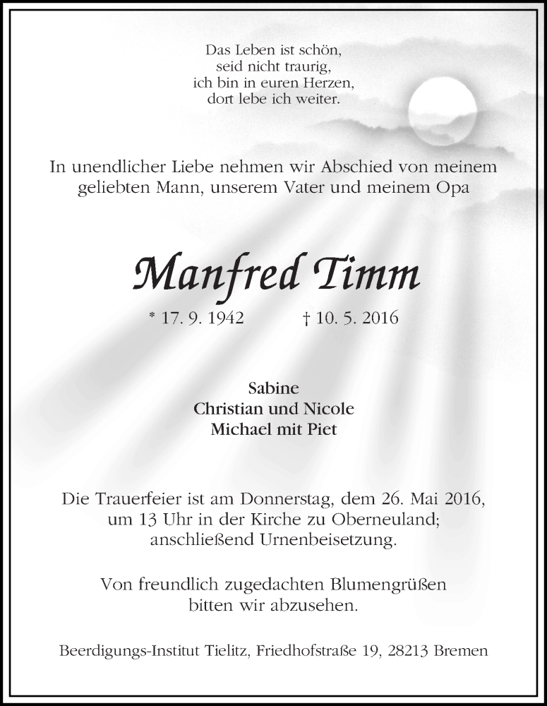 Traueranzeige von Manfred Timm von WESER-KURIER
