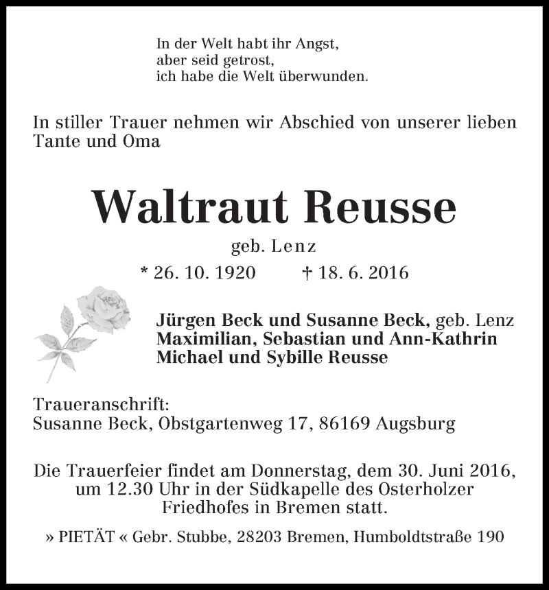 Traueranzeige von Waltraut Reusse von WESER-KURIER