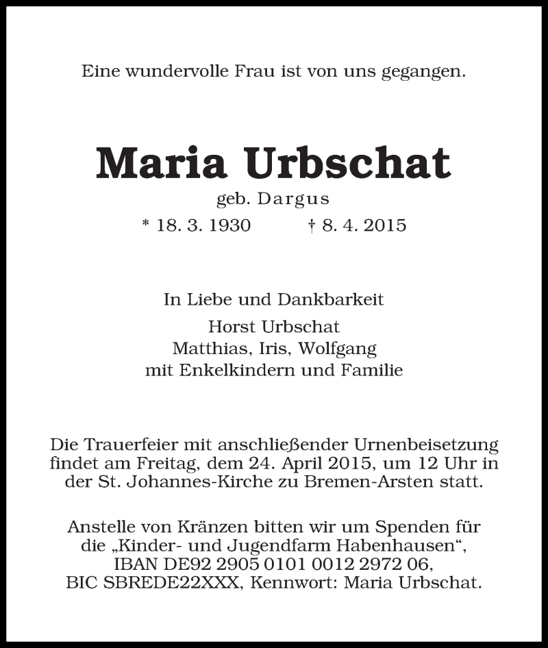 Traueranzeige von Maria Urbschat von WESER-KURIER