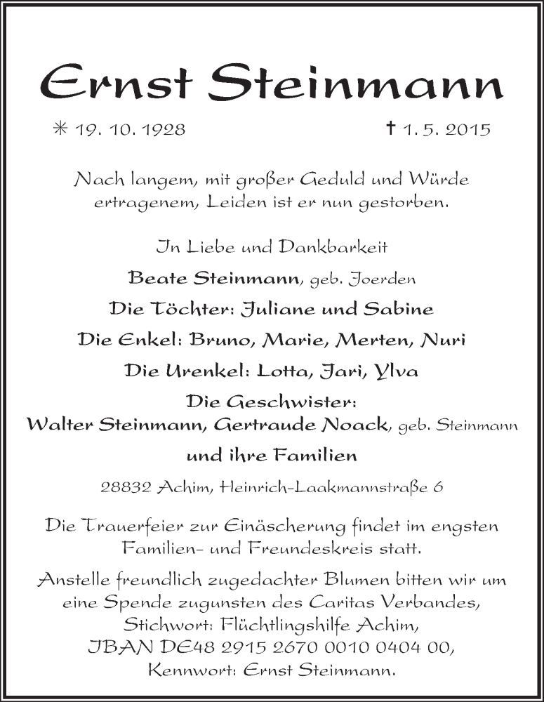Traueranzeige von Ernst Steinmann von Achimer Kurier/Verdener Nachrichten