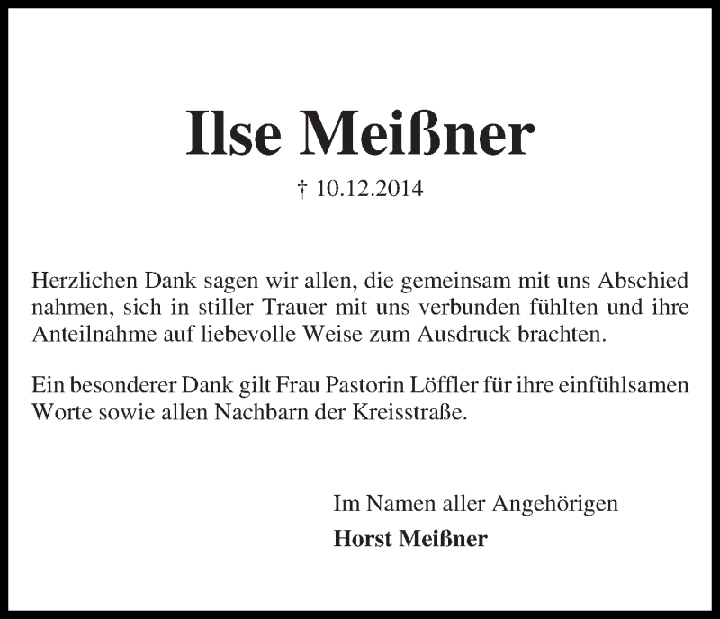 Traueranzeige von Ilse Meißner von Die Norddeutsche