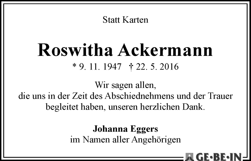 Traueranzeige von Roswitha Ackermann von WESER-KURIER