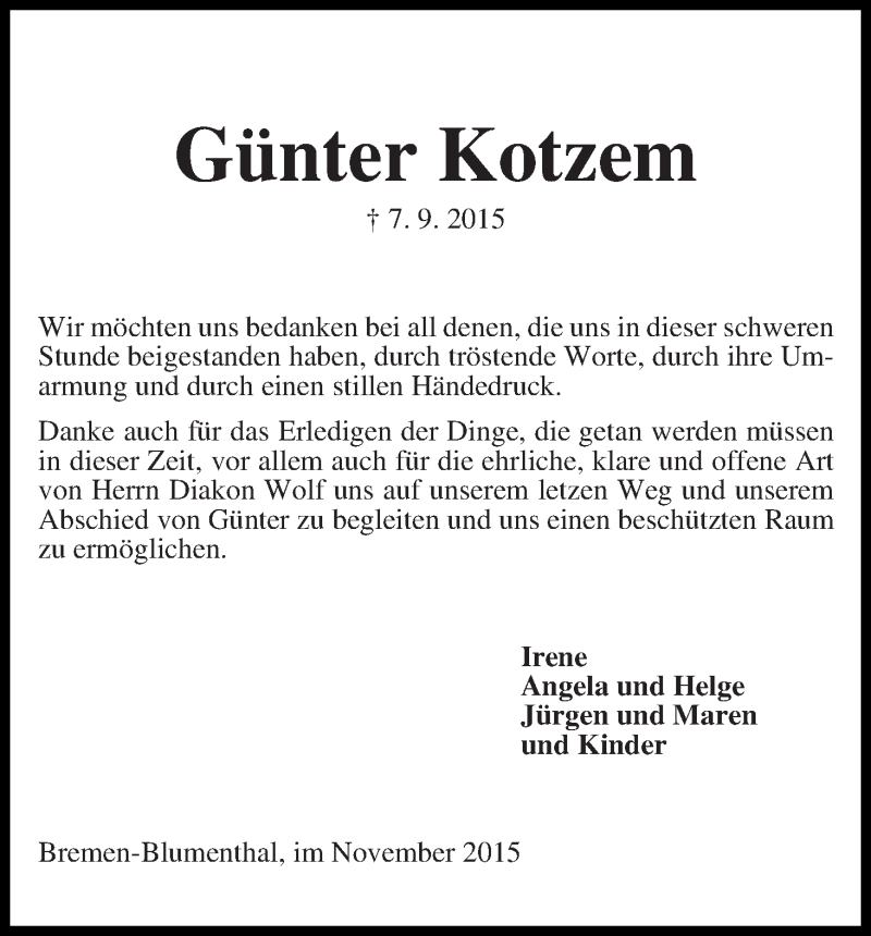 Traueranzeige von Günter Kotzem von Die Norddeutsche