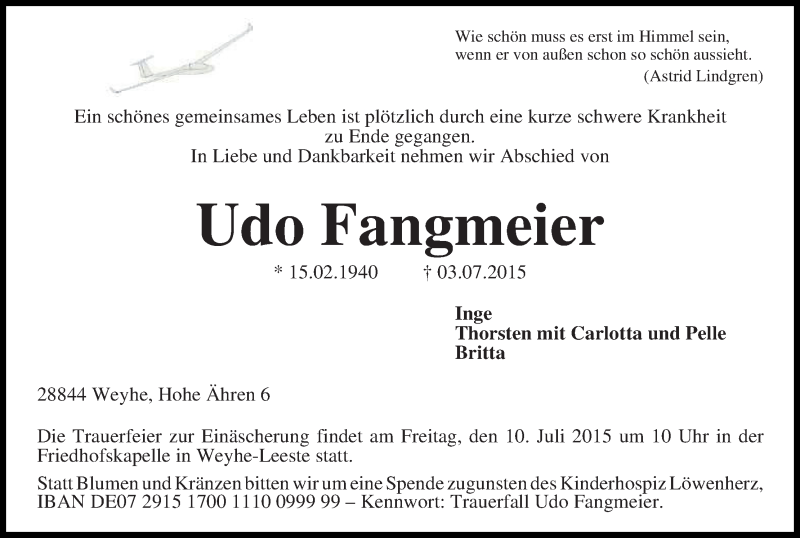 Traueranzeige von Udo Fangmeier von WESER-KURIER