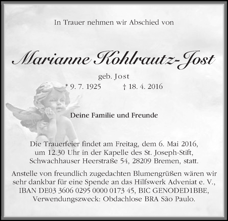 Traueranzeige von Marianne Kohlrautz-Jost von WESER-KURIER