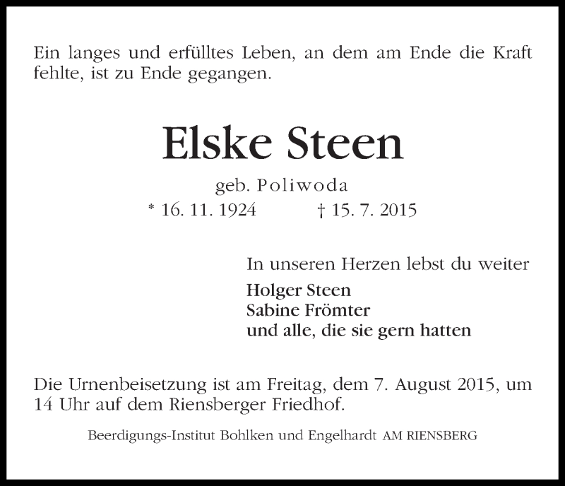 Traueranzeige von Elske Steen von WESER-KURIER