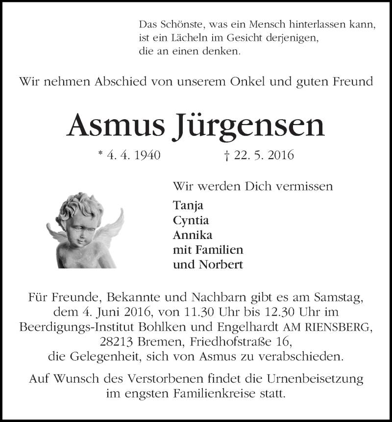 Traueranzeige von Asmus Jürgensen von WESER-KURIER