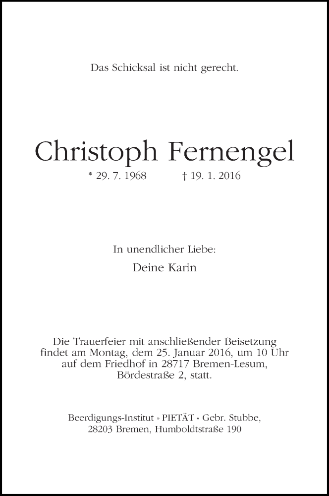 Traueranzeige von Christoph Fernengel von WESER-KURIER