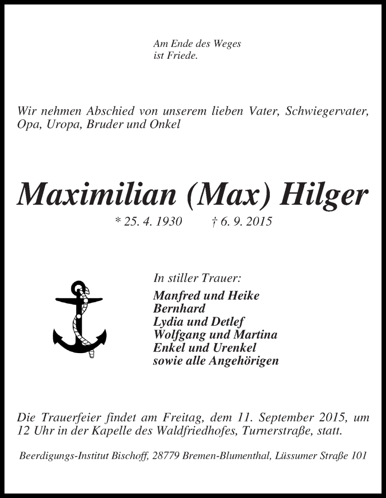Traueranzeige von Maximilian (Max) Hilger von Die Norddeutsche