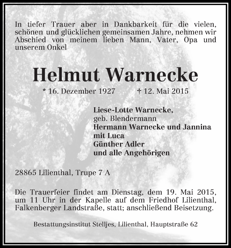 Traueranzeige von Helmut Warnecke von Wuemme Zeitung