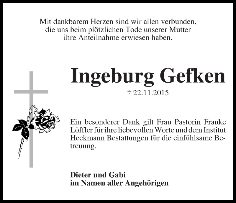 Traueranzeige von Ingeburg Gefken von Die Norddeutsche