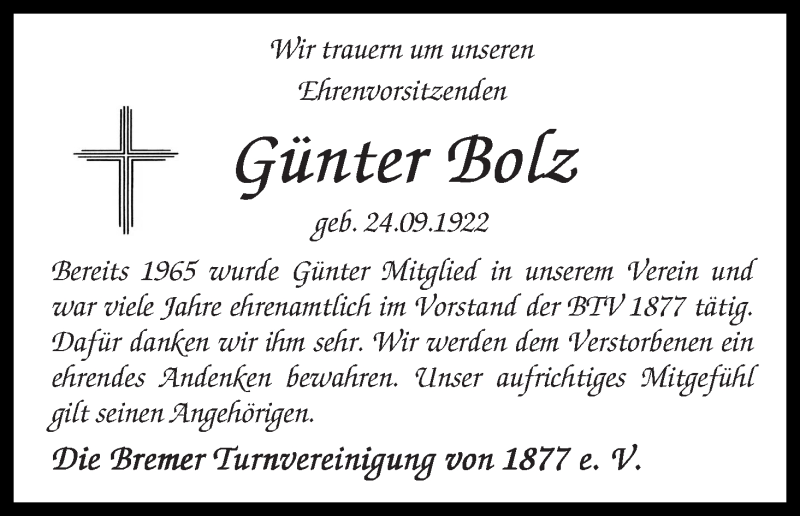 Traueranzeige von Günter Bolz von WESER-KURIER