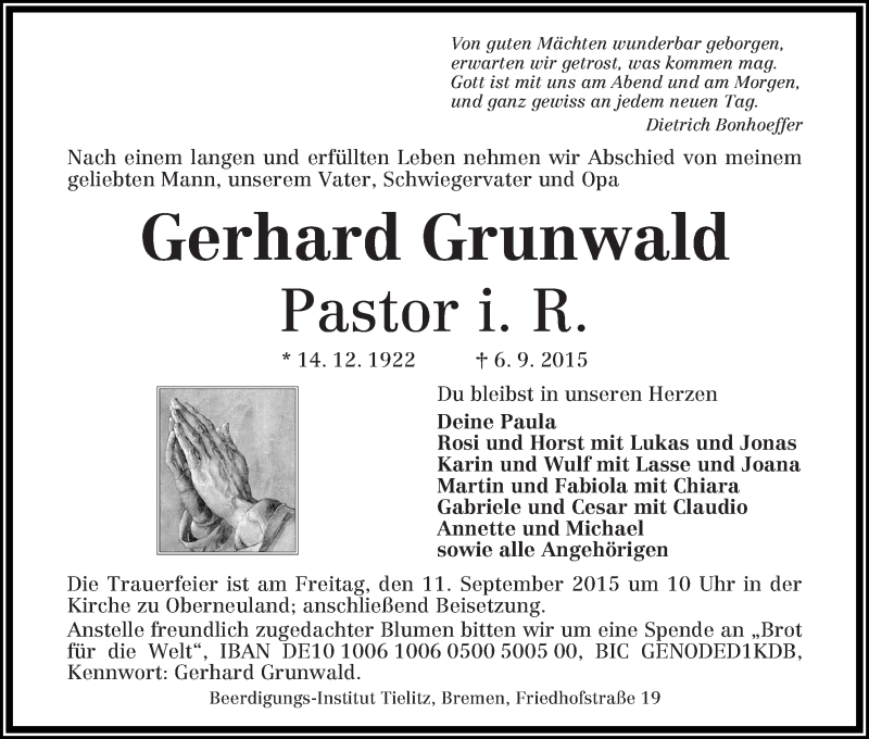 Traueranzeige von Gerhard Grunwald von WESER-KURIER