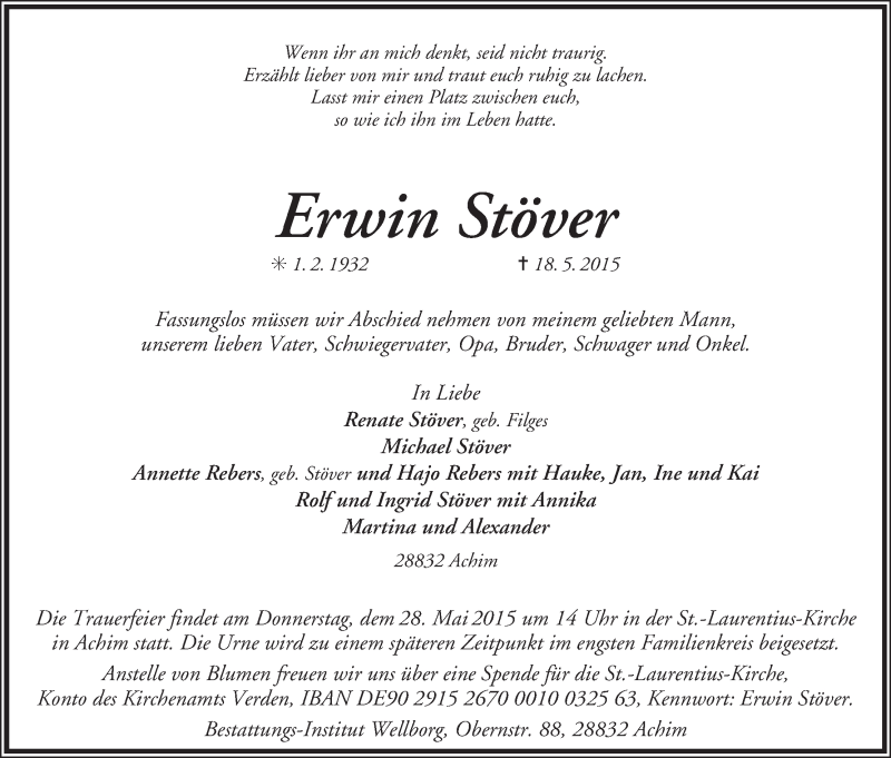Traueranzeige von Erwin Stöver von WESER-KURIER