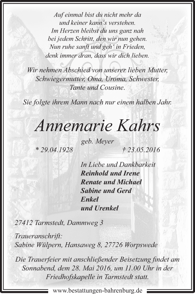 Traueranzeige von Annemarie Kahrs von Wuemme Zeitung