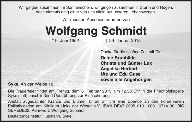 Traueranzeige von Wolfgang Schmidt von WESER-KURIER