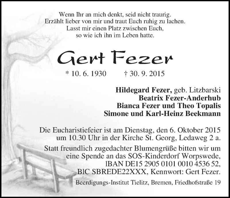 Traueranzeige von Gert Fezer von WESER-KURIER