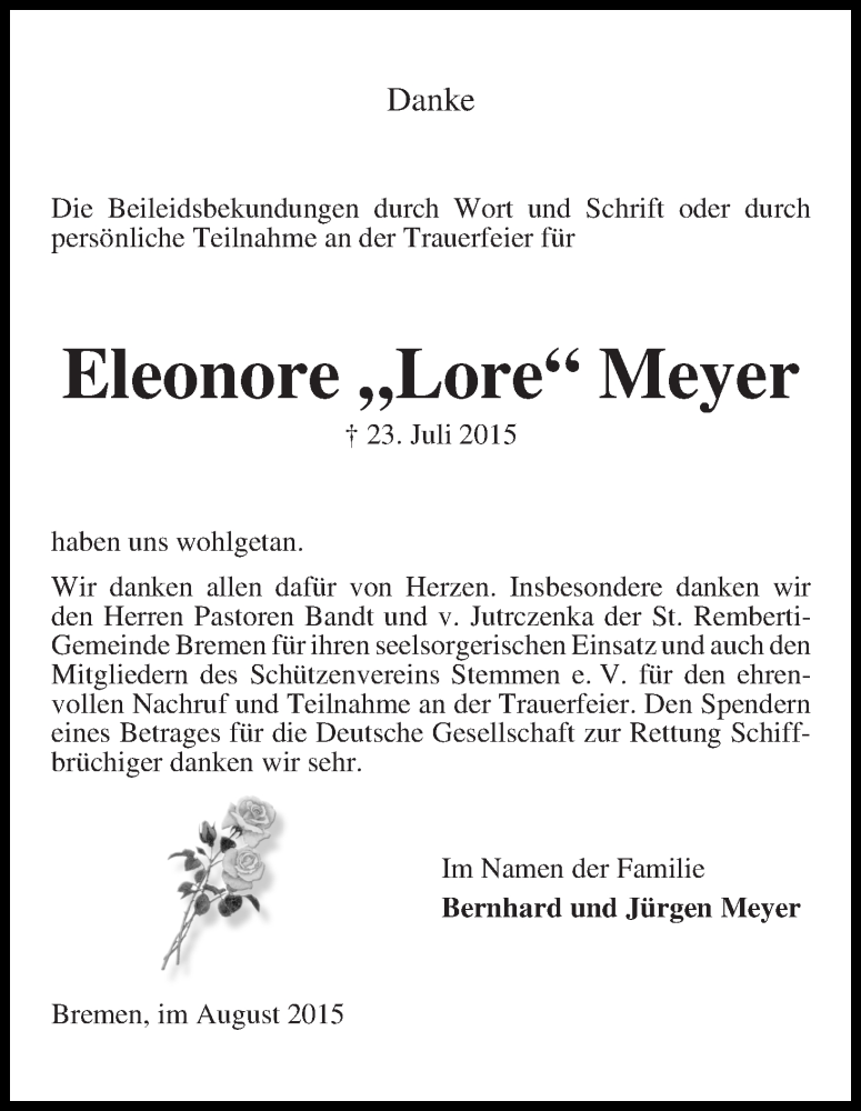 Traueranzeige von Eleonore Meyer von WESER-KURIER