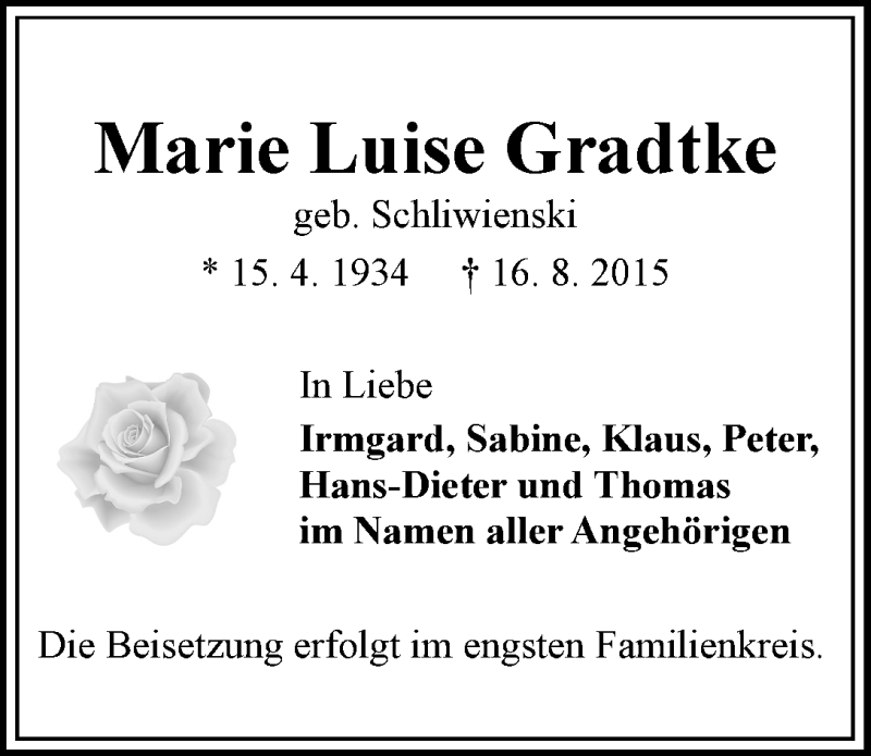 Traueranzeige von Marie Luise Gradtke von WESER-KURIER