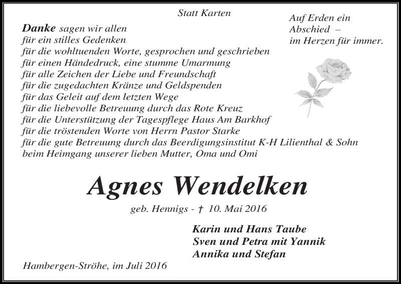 Traueranzeige von Agnes Wendelken von Osterholzer Kreisblatt