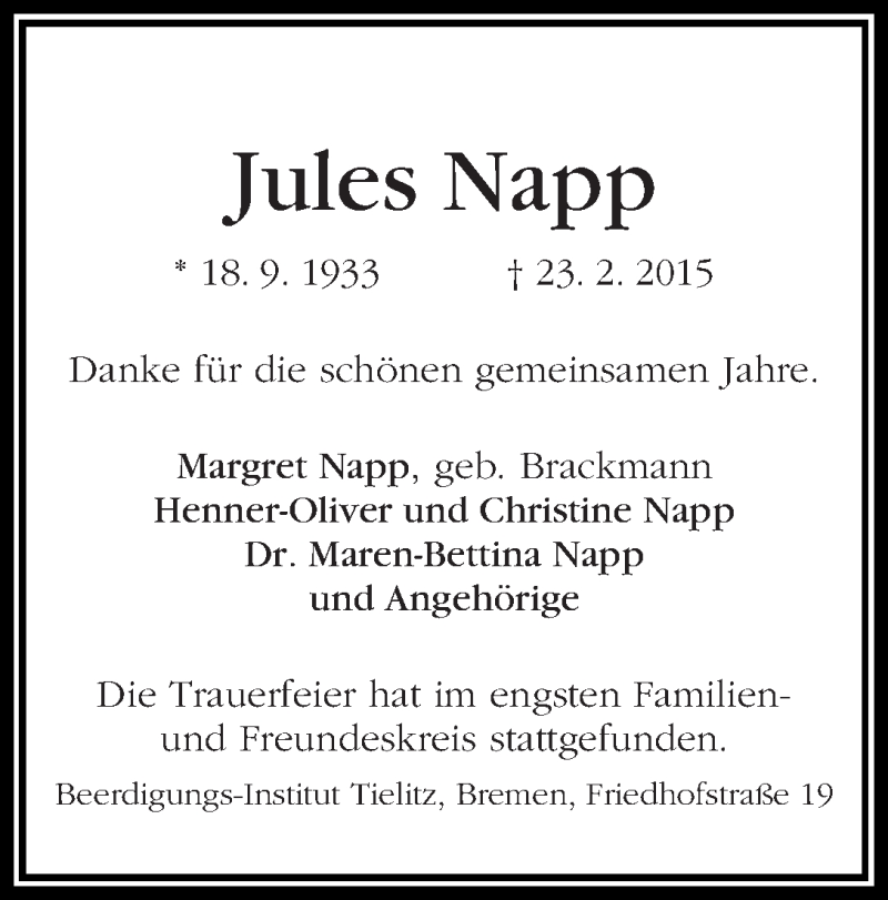 Traueranzeige von Jules Napp von WESER-KURIER