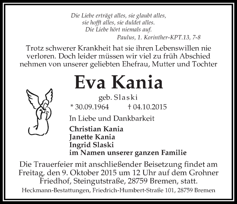 Traueranzeige von Eva Kania von WESER-KURIER
