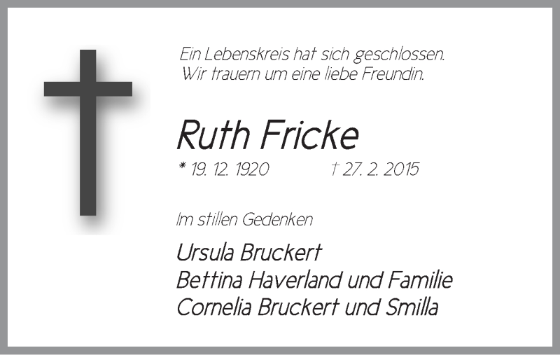 Traueranzeige von Ruth Fricke von WESER-KURIER