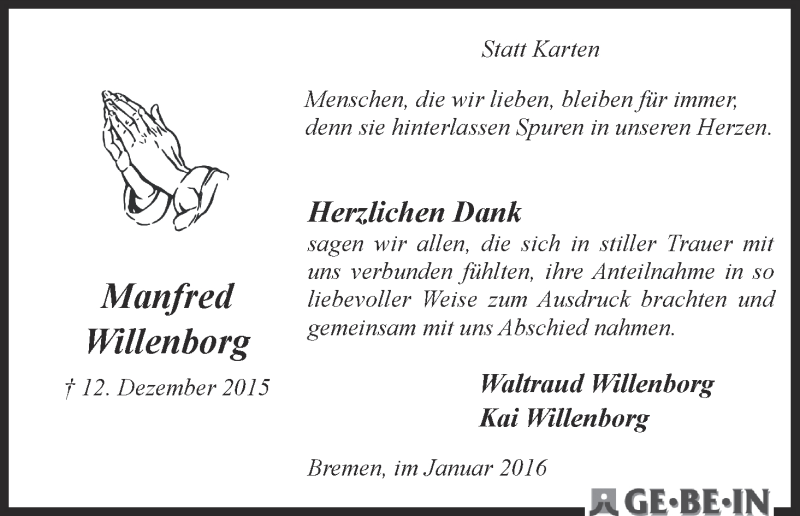 Traueranzeige von Manfred Willenborg von WESER-KURIER