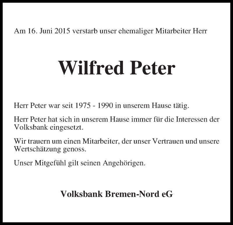 Traueranzeige von Wilfred Peter von Die Norddeutsche