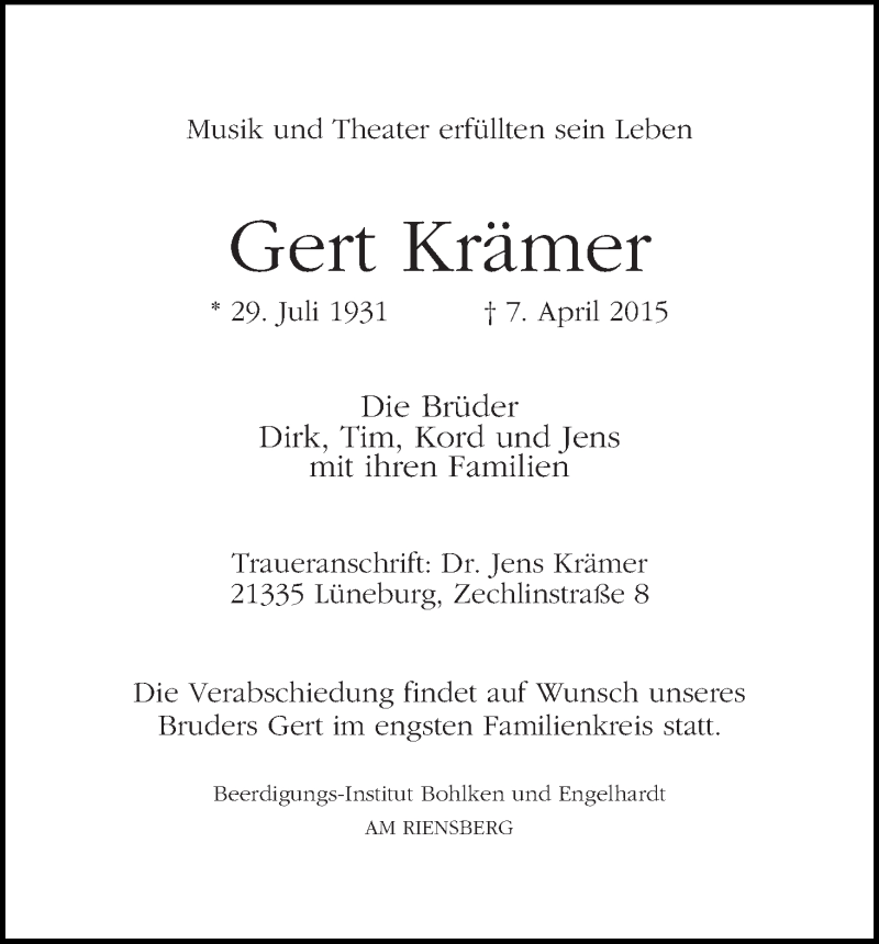 Traueranzeige von Gert Krämer von WESER-KURIER