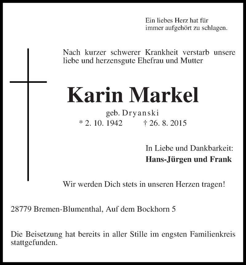 Traueranzeige von Karin Markel von Die Norddeutsche