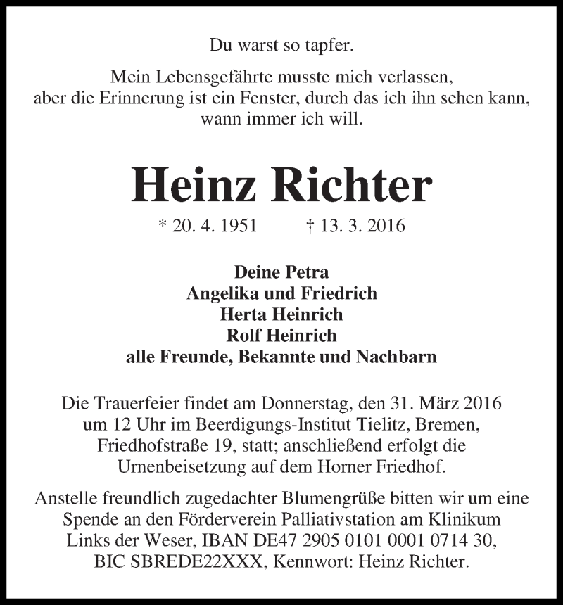 Traueranzeige von Heinz Richter von WESER-KURIER