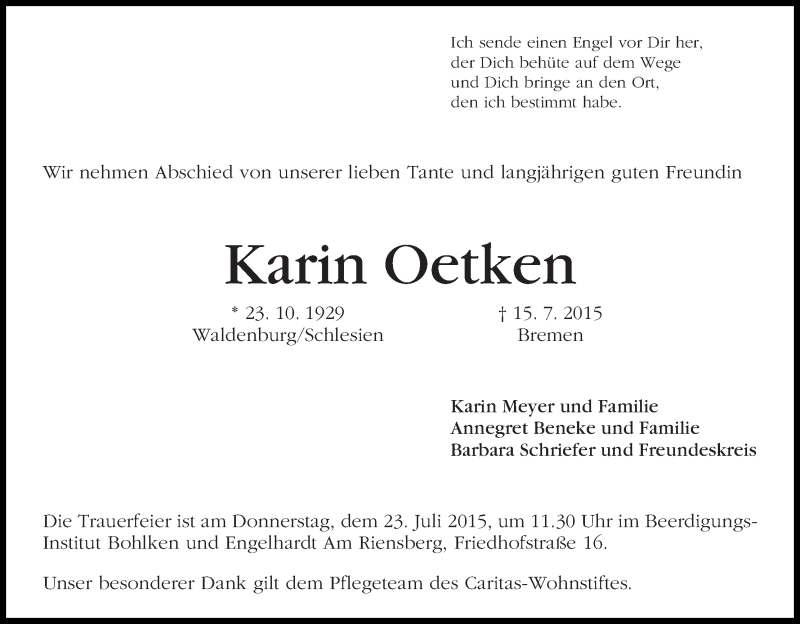 Traueranzeige von Karin Oetken von WESER-KURIER