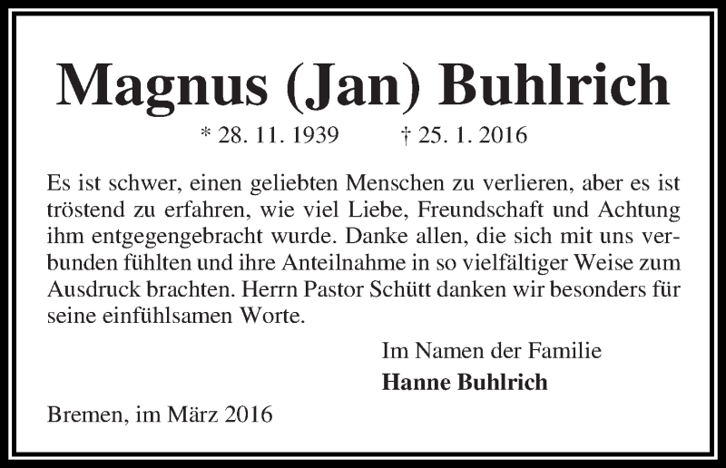 Traueranzeige von Magnus (Jan) Buhlrich von Die Norddeutsche